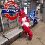 Blue Seas Protection's Mascot Lobby Lobster reaches Westminster Tube Station and stages a sit down protest