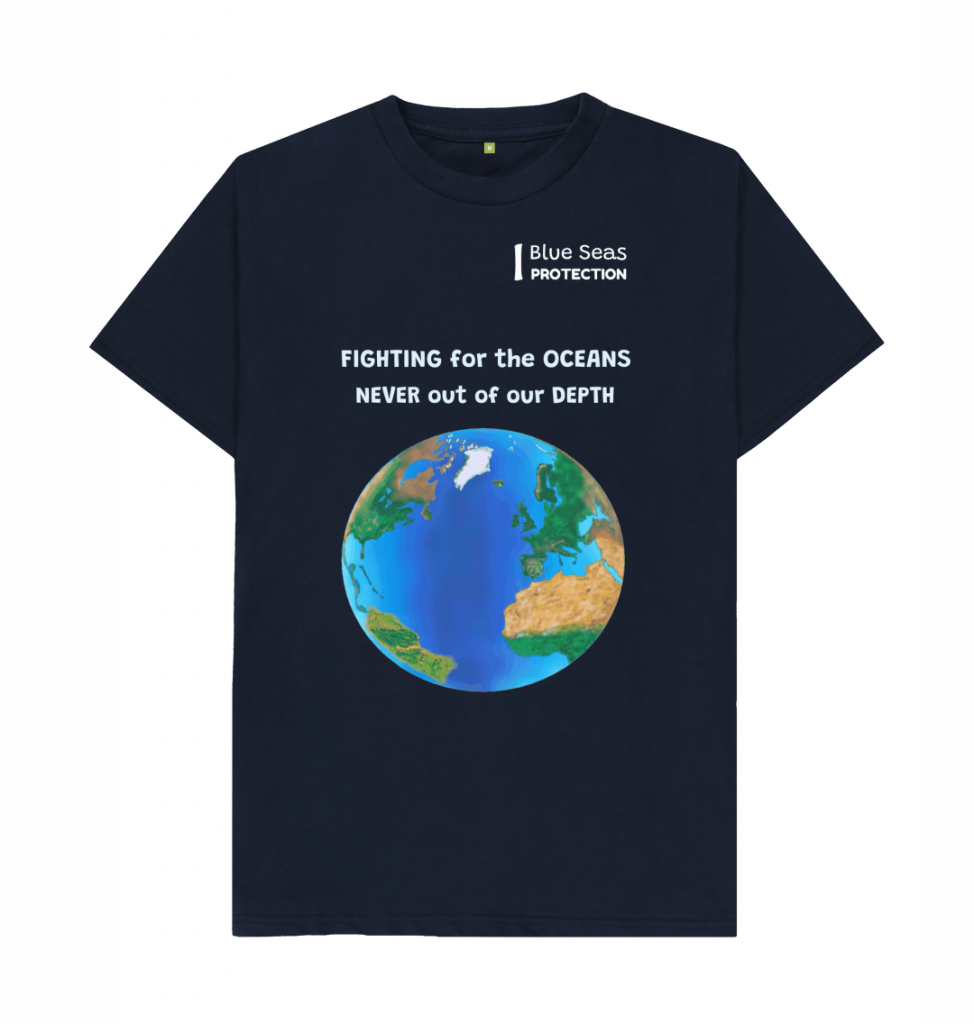 black t-shirt with image of planet earth and wording 'Blue Seas Protection - fighting for the oceans, never out of our depth'.