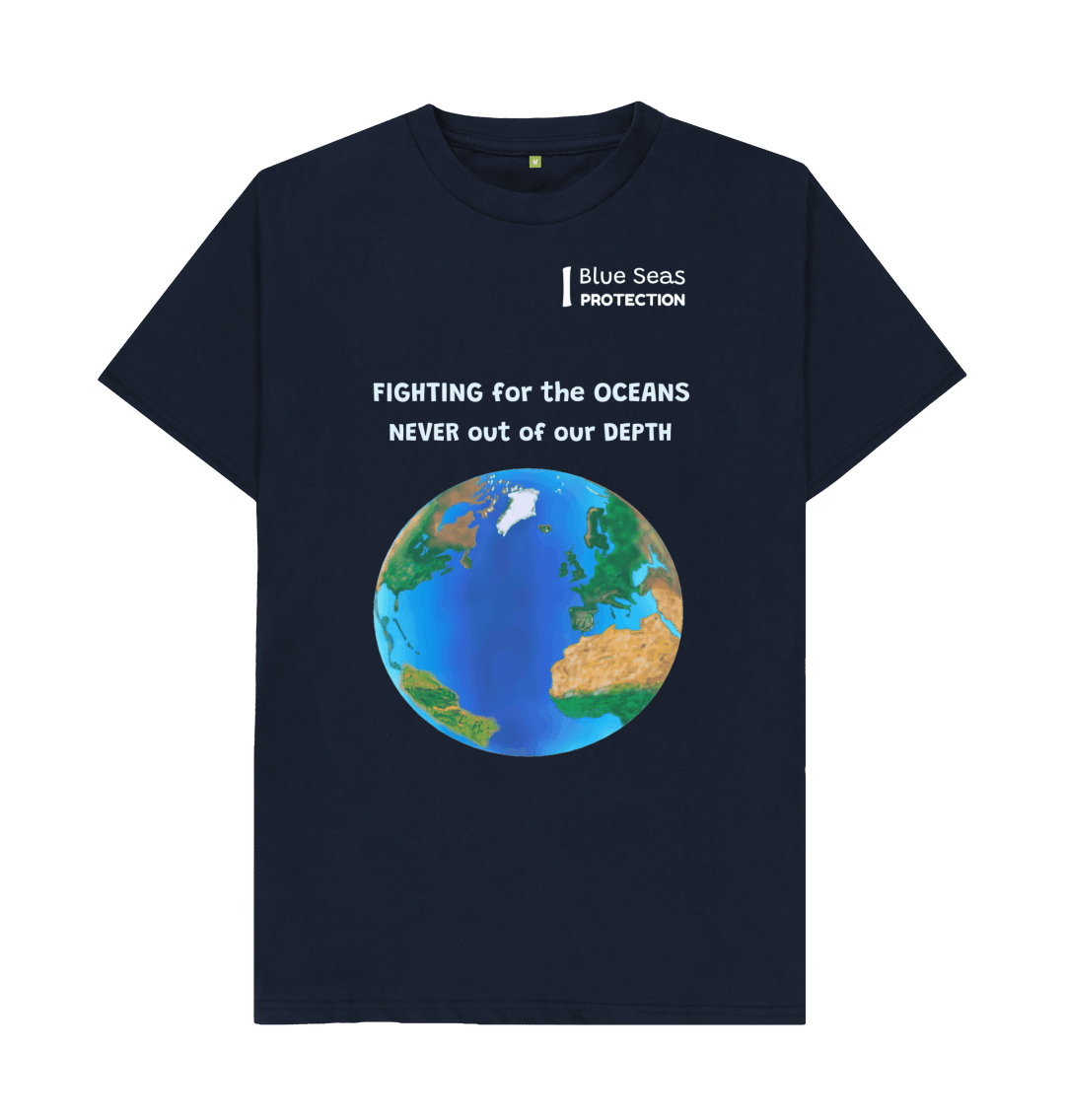 black t-shirt with image of planet earth and wording 'Blue Seas Protection - fighting for the oceans, never out of our depth'.