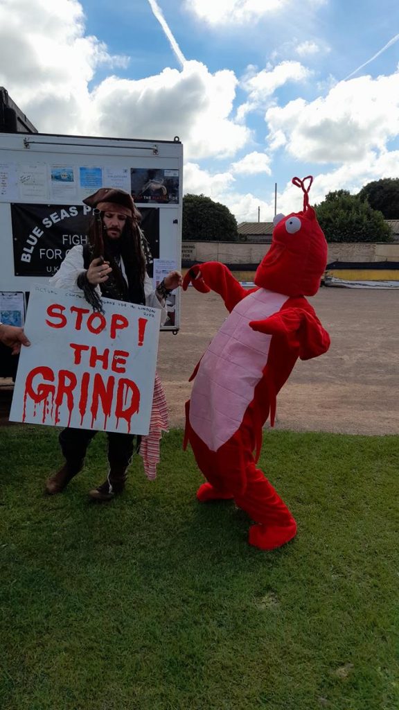 Lobby lobster and pirate characters with 'stop the grind' sign